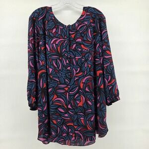 NYDJ Top 3X Teal Purple Abstract Print Bold Retro Work Office Modern Artsy